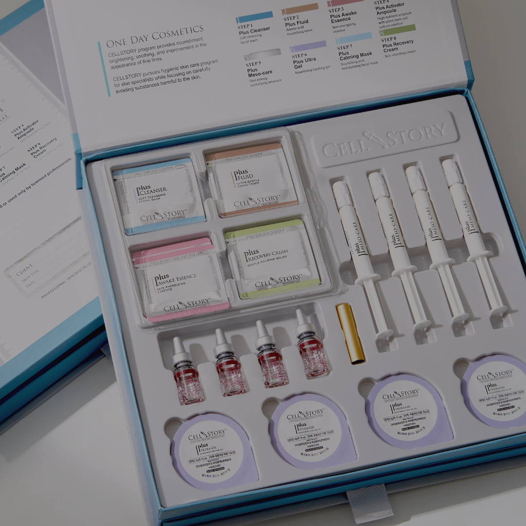 Professional Cellstory 8-step treatment kit displayed in an open presentation box, showing pre-measured sachets, ampoules, Microspear syringes, gel cups and protocol guide arranged in a clean clinical layout.